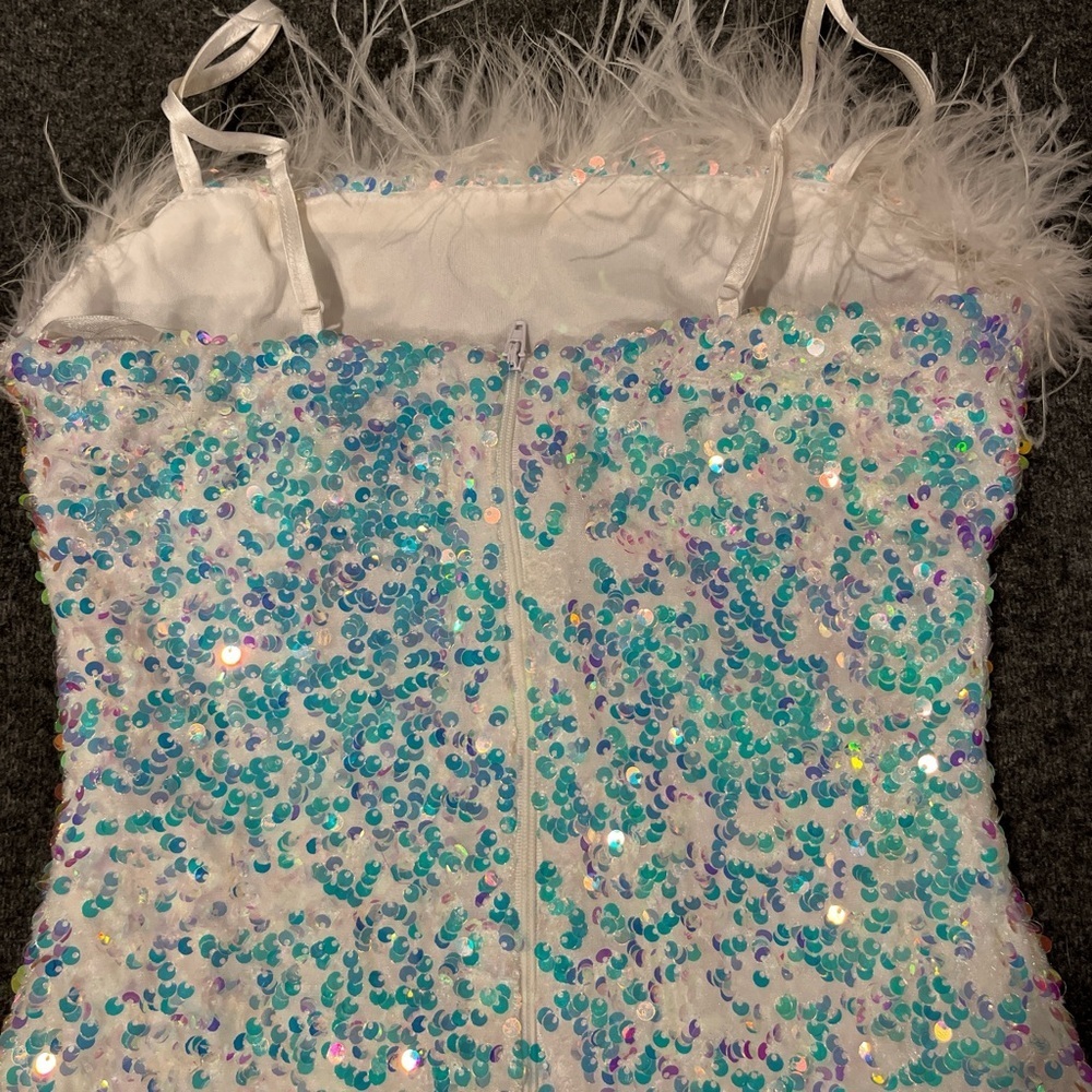 Sequin Fairycore white & blue sequin bodycon dress with feather trim. - Picture 4 of 4